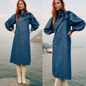 SEZANE Size 34 US 2 Taylor Denim Midi Dress Neck Bow Tie Longsleeve Dress